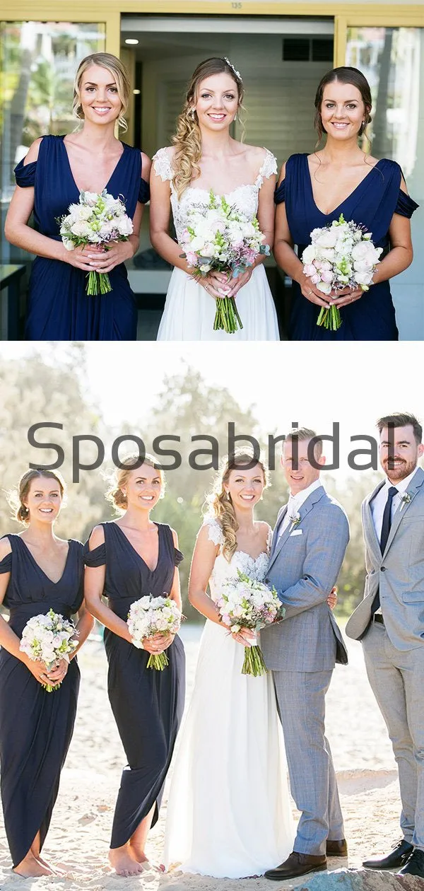 Elegant Dark Navy Blue Side-slit Mermaid Long Bridesmaid Dresses, WG823