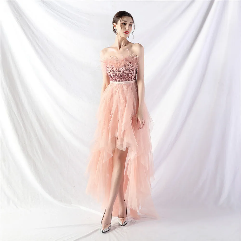 Elegant Feather Floral Sequin Mesh Evening Dress