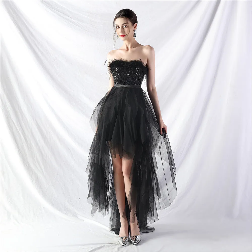 Elegant Feather Floral Sequin Mesh Evening Dress