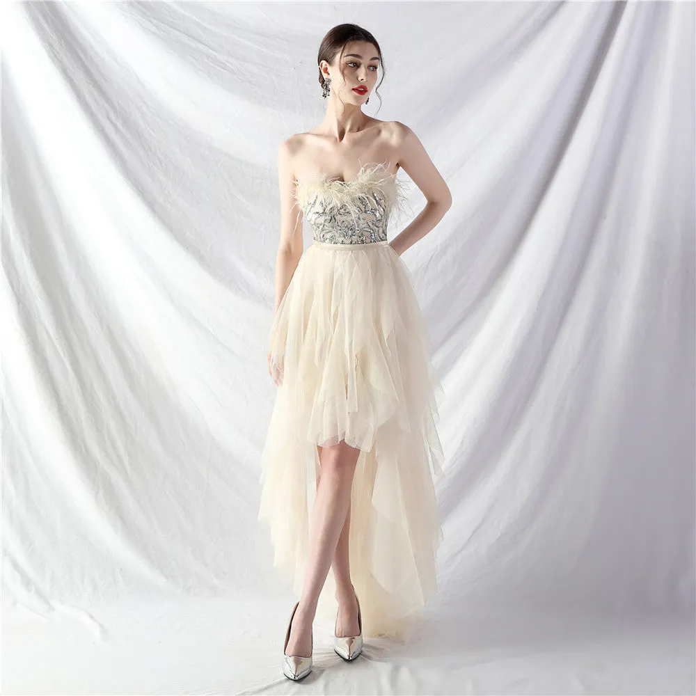 Elegant Feather Floral Sequin Mesh Evening Dress
