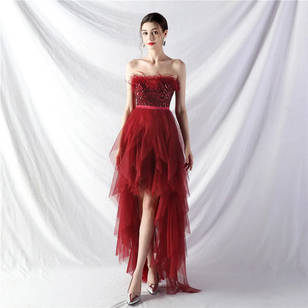 Elegant Feather Floral Sequin Mesh Evening Dress