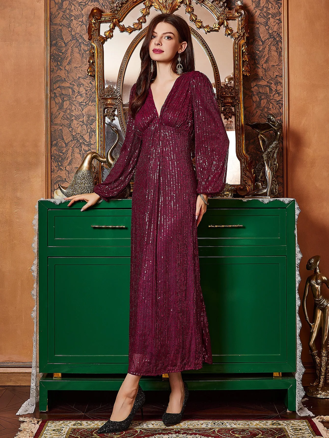 Elegant Lace Sequined Party Evening Dress