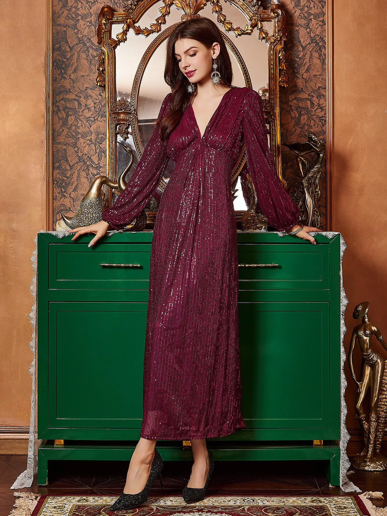 Elegant Lace Sequined Party Evening Dress
