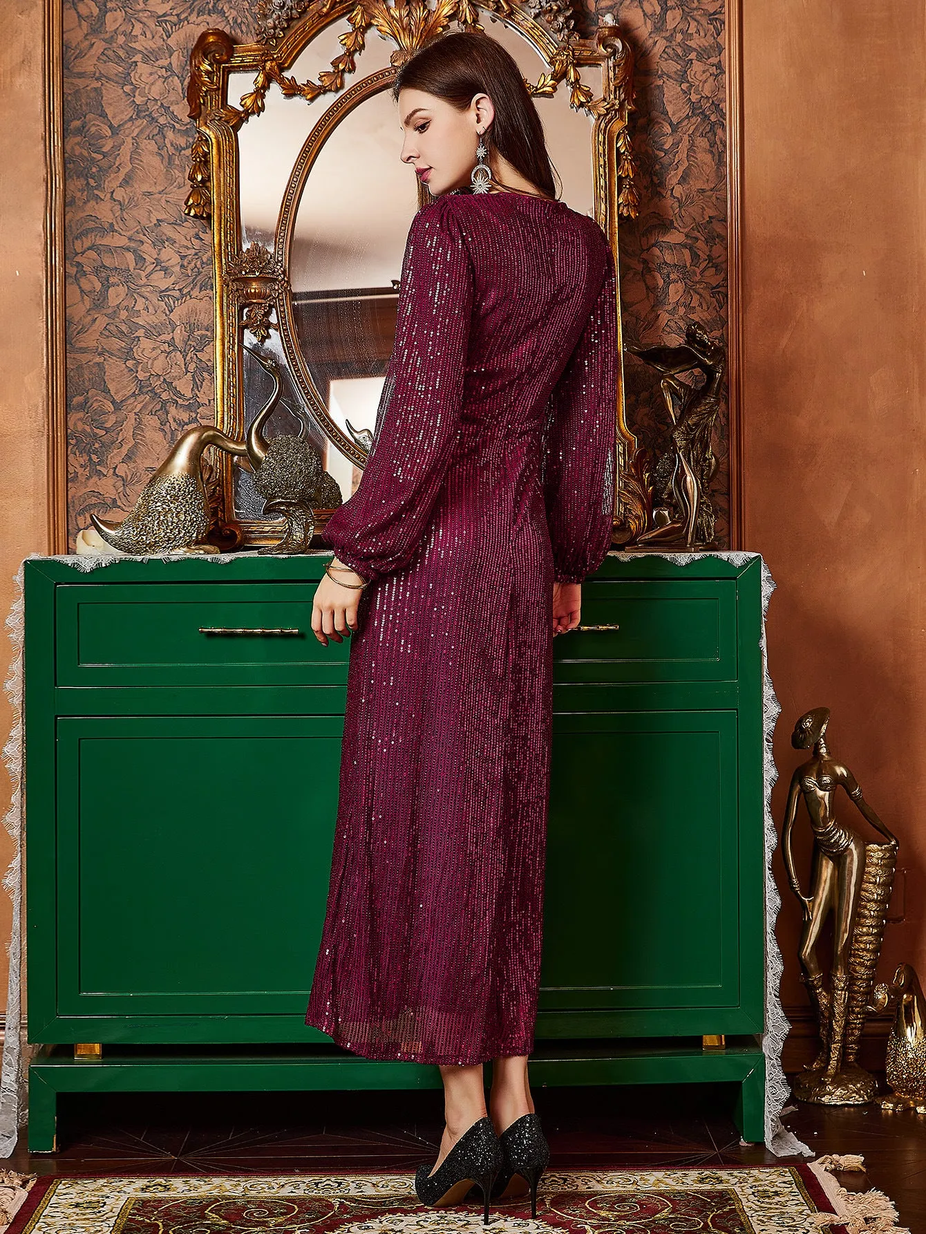Elegant Lace Sequined Party Evening Dress