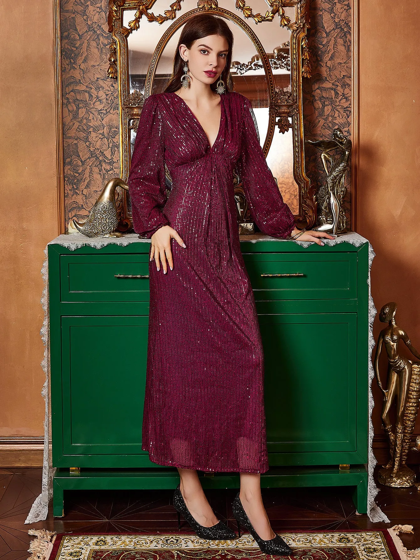 Elegant Lace Sequined Party Evening Dress