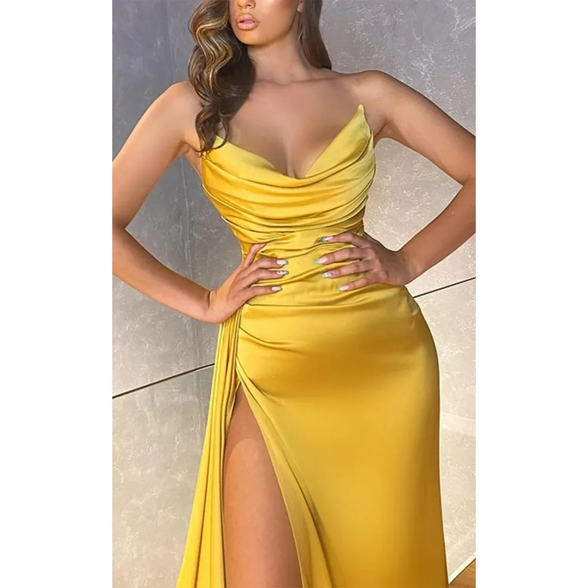 Elegant Satin V-neck Mermaid Side Slit Long Marigold Bridesmaid Dresses Online, BG631