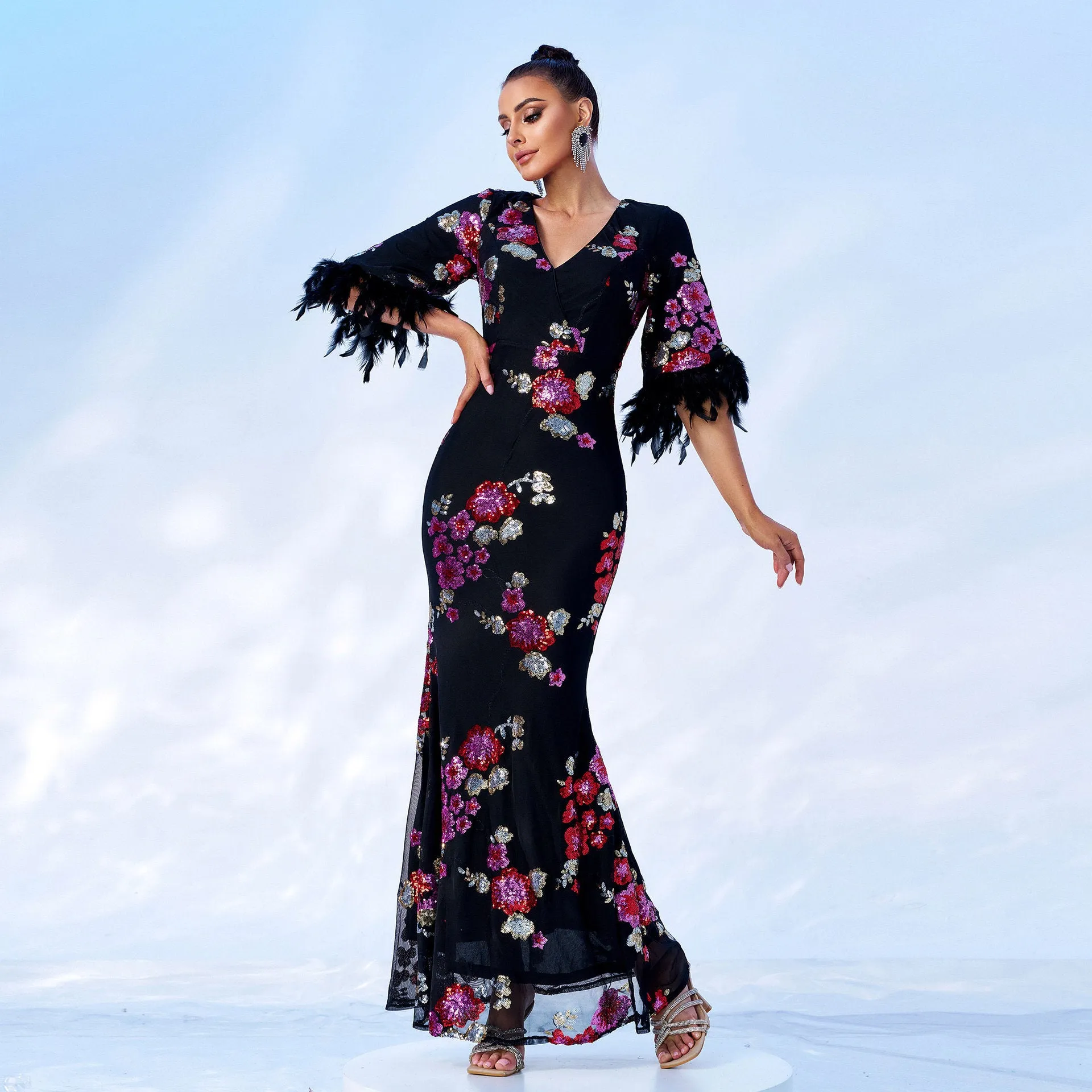 Elegant Sequin Short Sleeve V Neck Cocktail Evening Dress