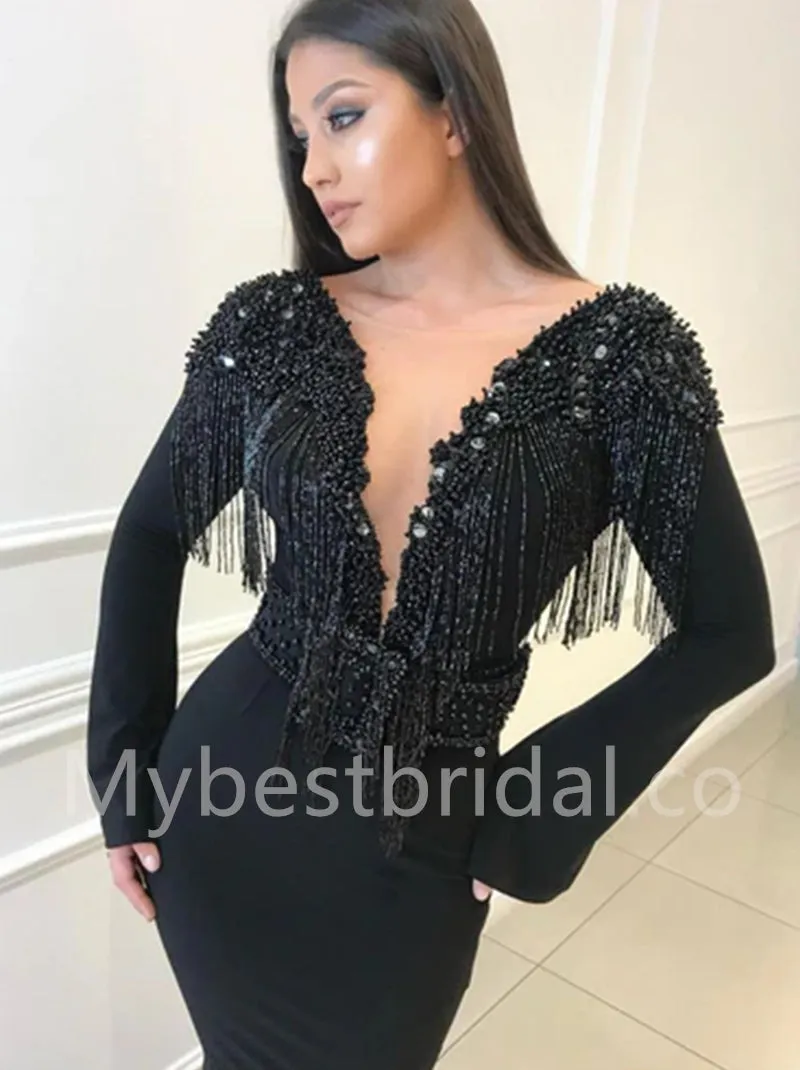 Elegant V-neck Long sleeves Mermaid Prom Dresses, PDS0534