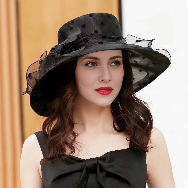 Elegant Wide Brim Polka Dot Organza Sun Hat – Lightweight & Breathable