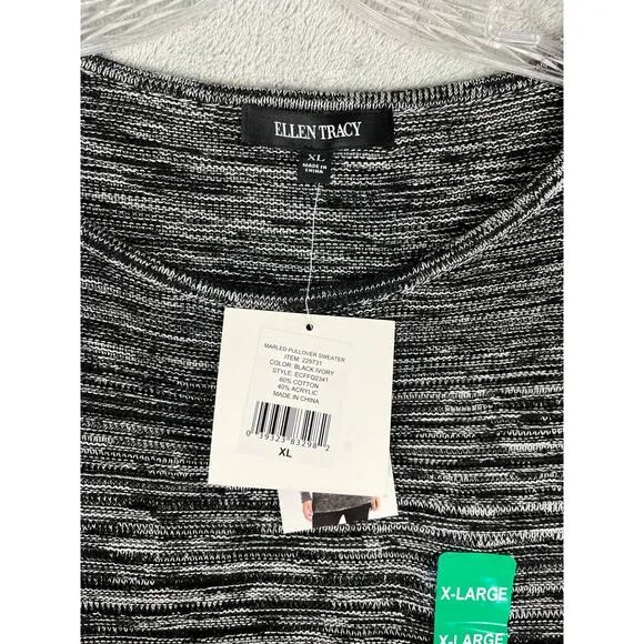 Ellen Tracy NWT Space Dye Knit Sweater XL Black White Round Neck Minimalist