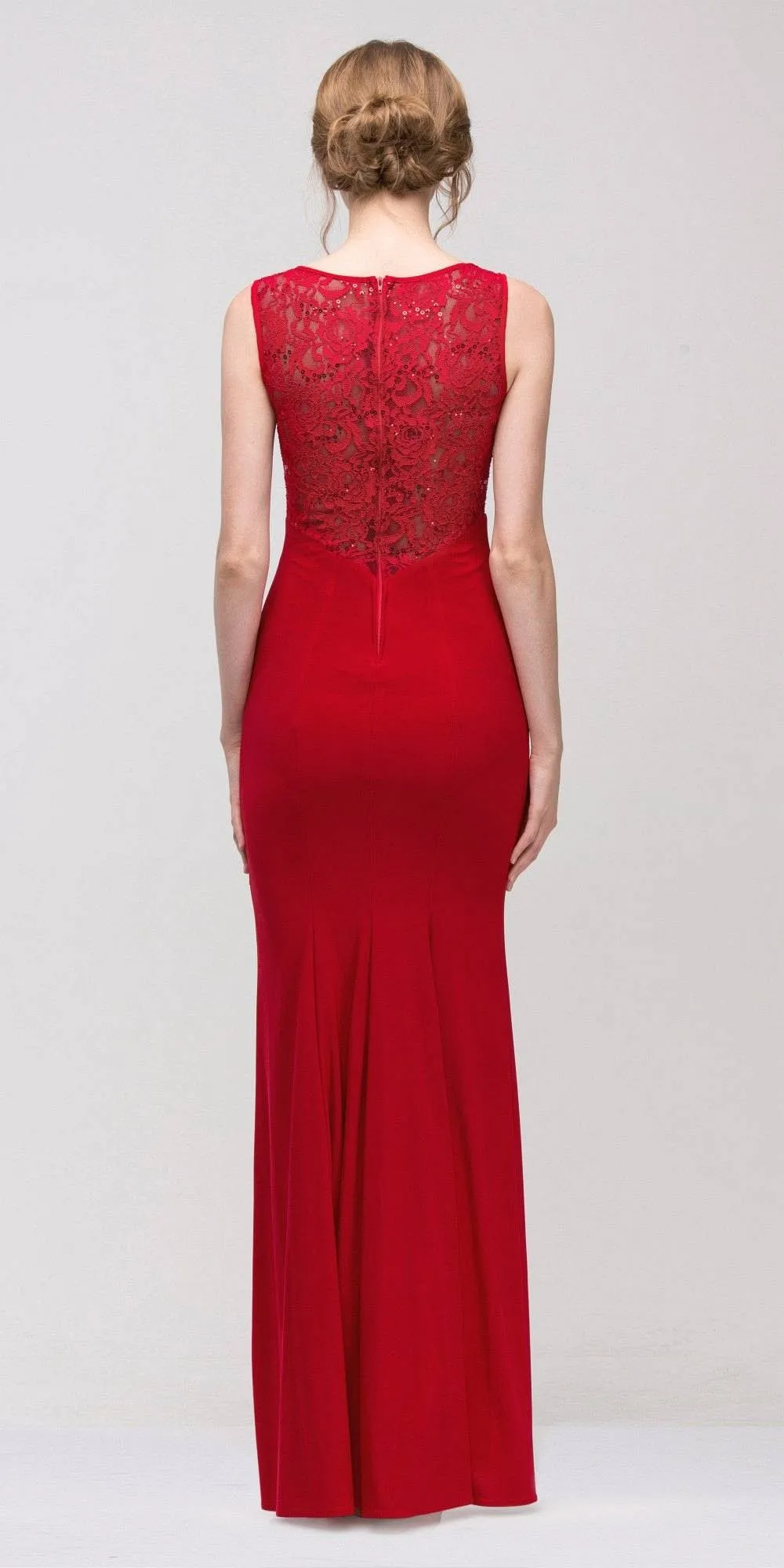 Eureka 2073 Round Neckline Gown with Lace Accent and Slit
