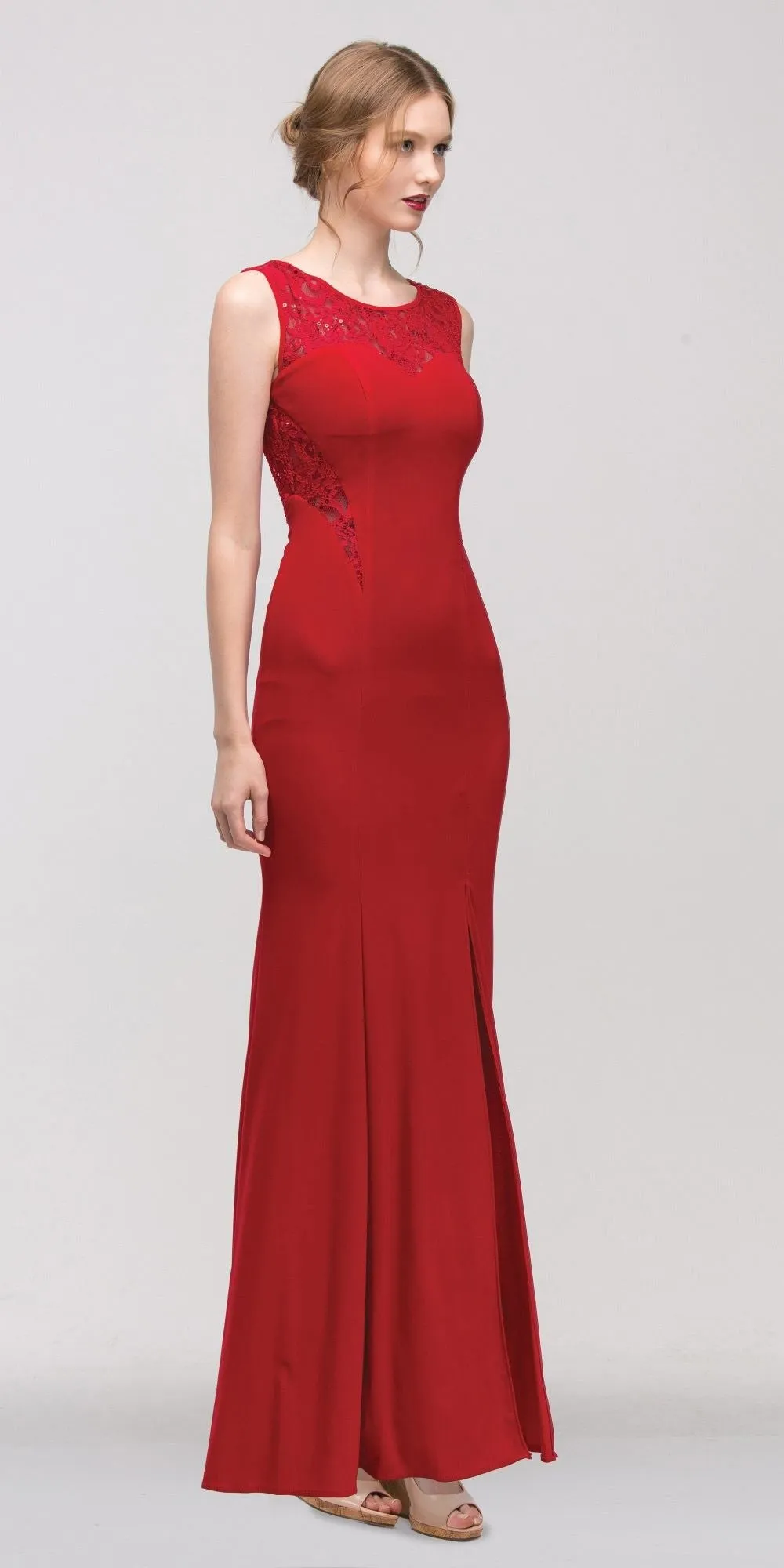 Eureka 2073 Round Neckline Gown with Lace Accent and Slit