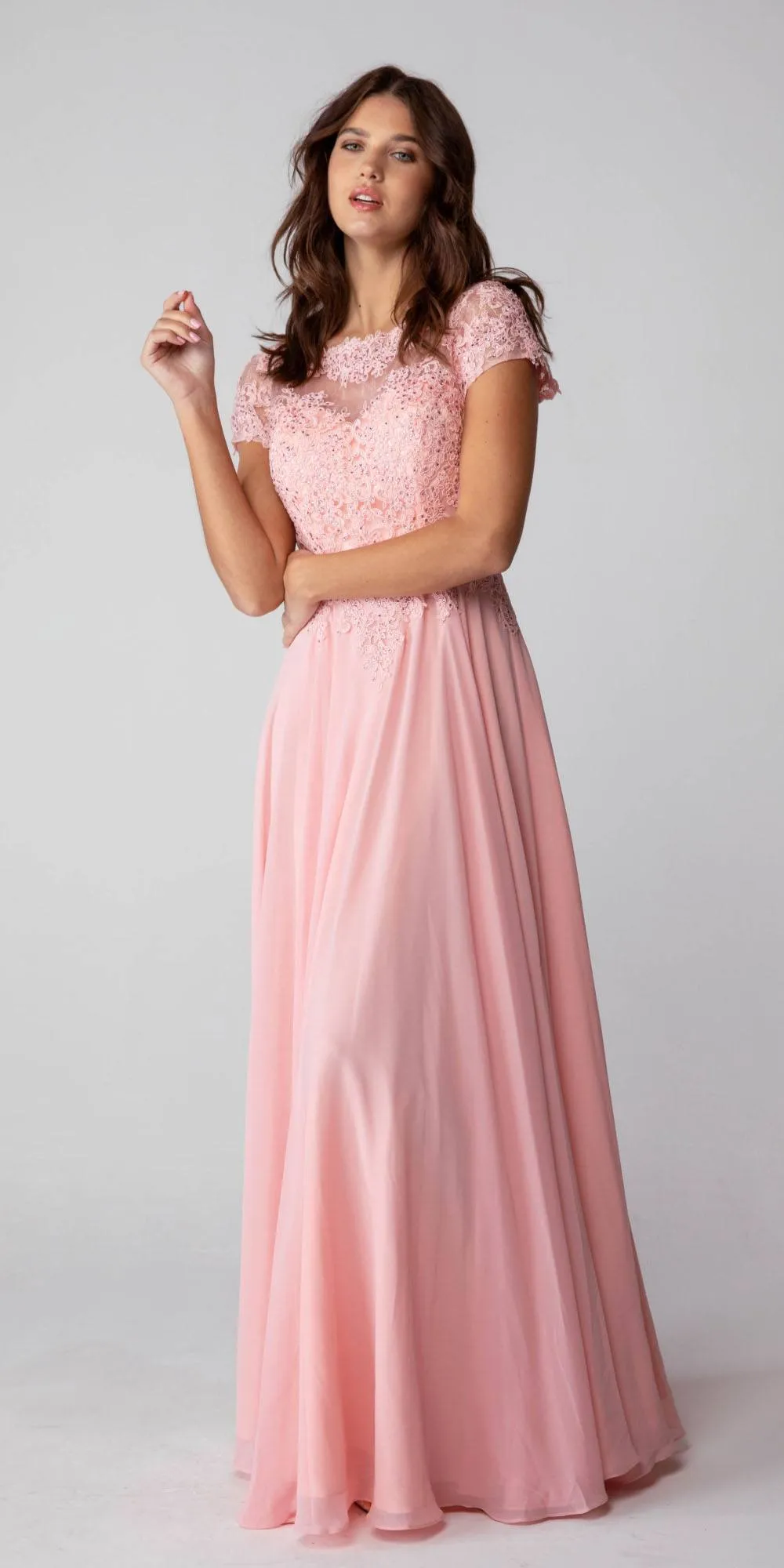 Eureka 4909 Short Sleeves Applique Bodice A-Line Long Dress
