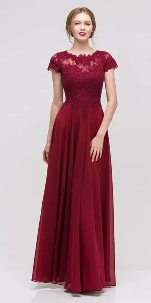 Eureka 4909 Short Sleeves Applique Bodice A-Line Long Dress