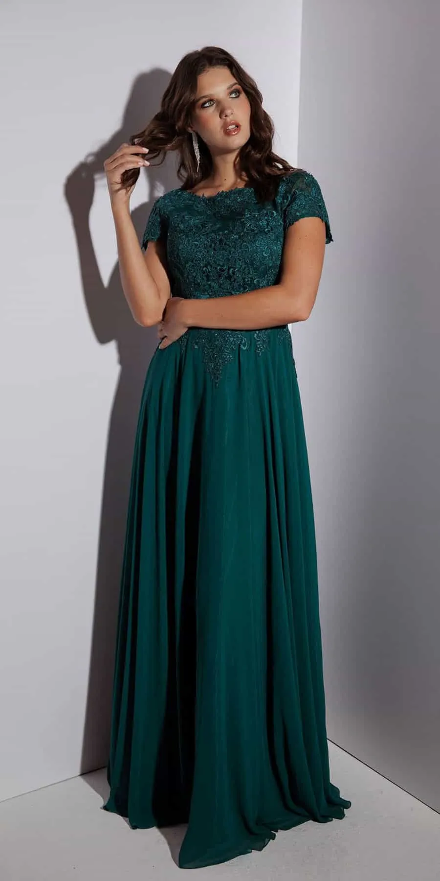 Eureka 4909 Short Sleeves Applique Bodice A-Line Long Dress