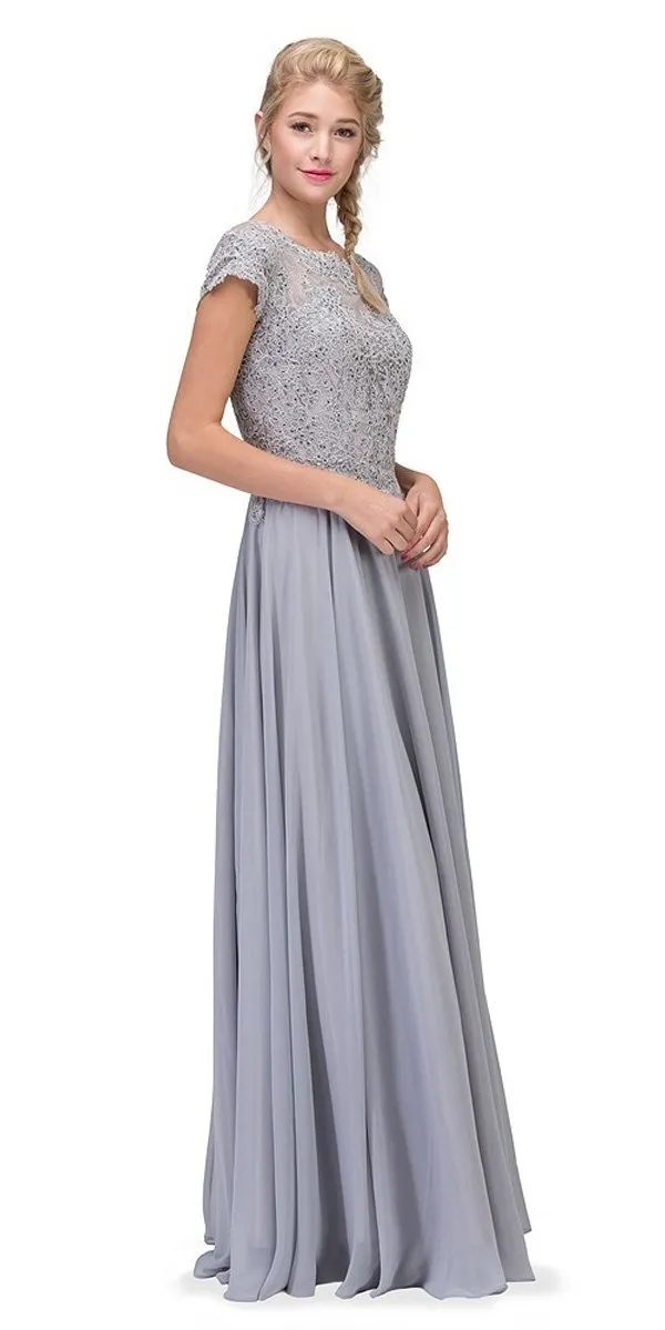 Eureka 4909 Short Sleeves Applique Bodice A-Line Long Dress