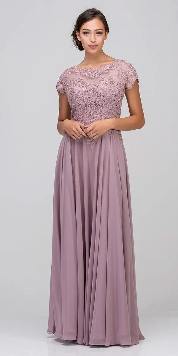 Eureka 4909 Short Sleeves Applique Bodice A-Line Long Dress