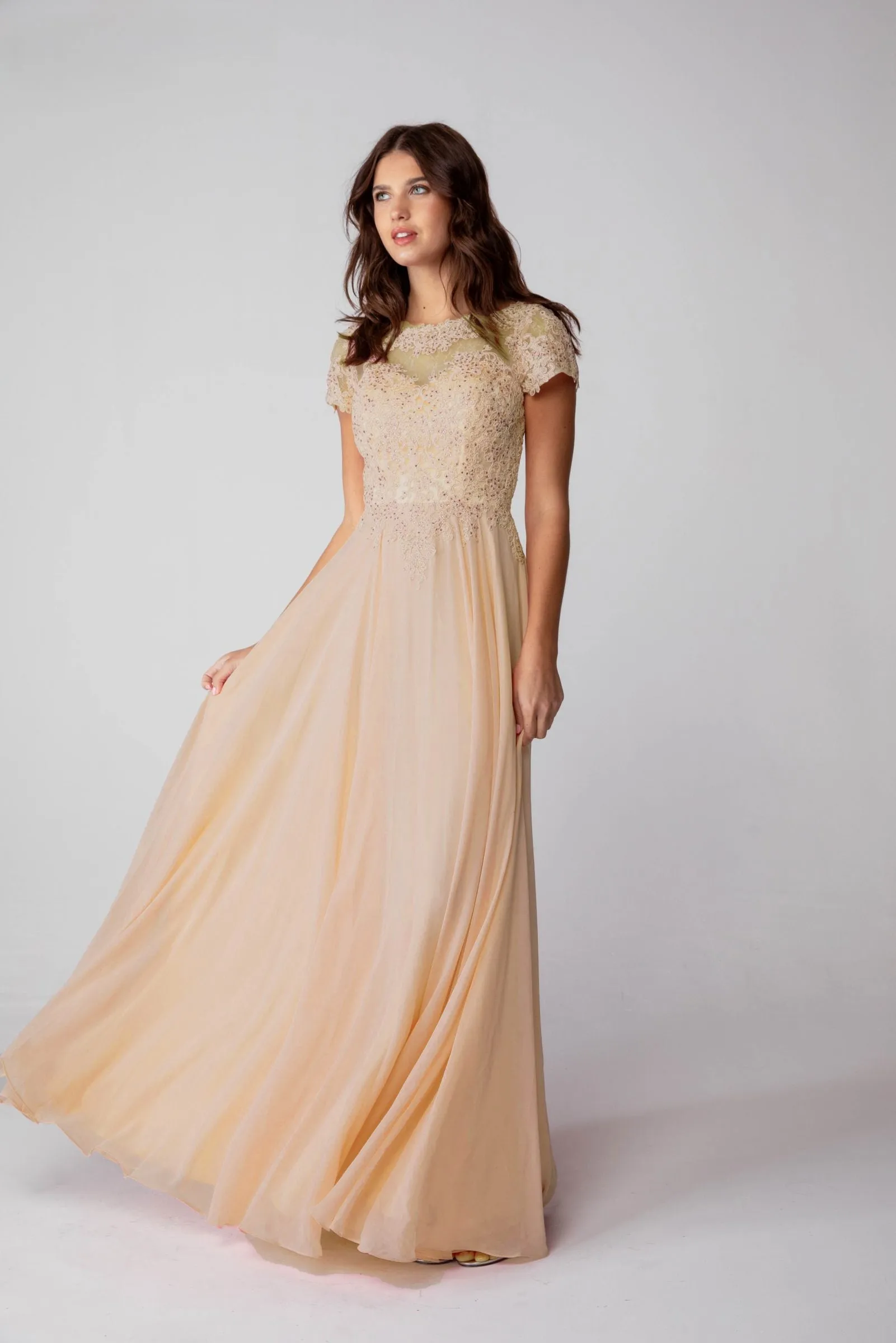Eureka 4909 Short Sleeves Applique Bodice A-Line Long Dress