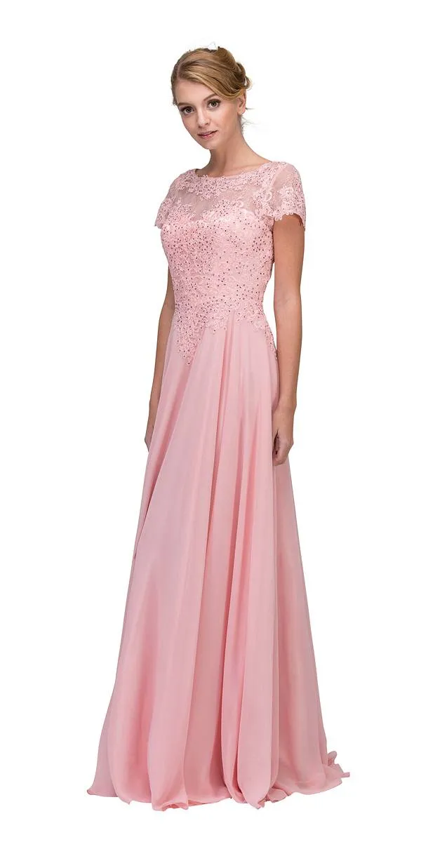 Eureka 4909 Short Sleeves Applique Bodice A-Line Long Dress