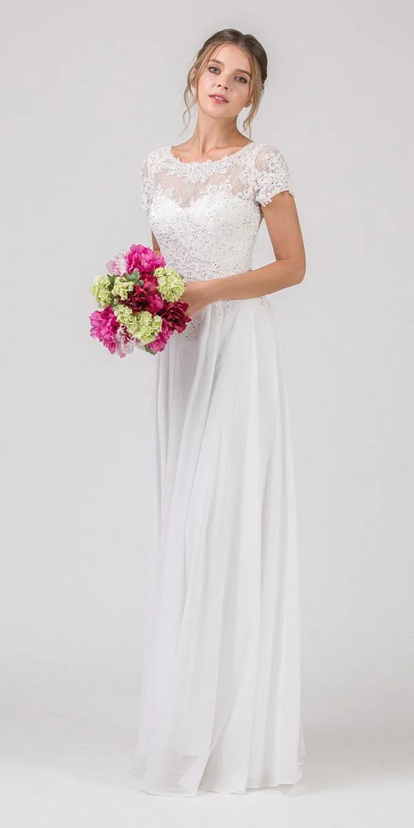 Eureka 4909 Short Sleeves Applique Bodice A-Line Long Dress