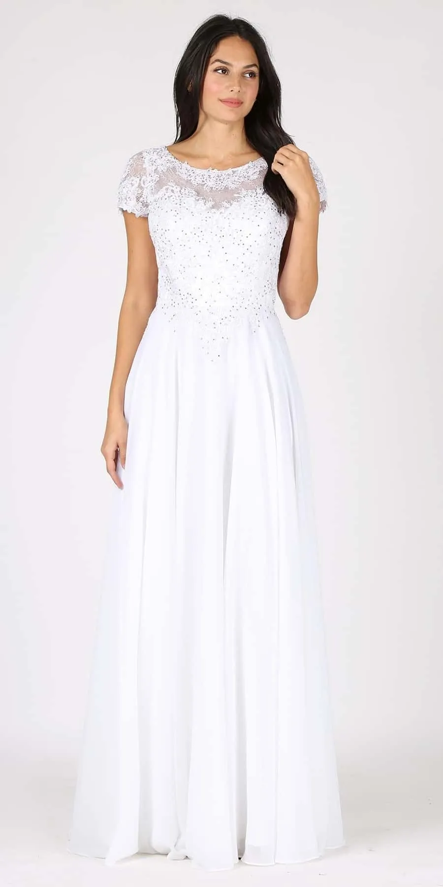 Eureka 4909 Short Sleeves Applique Bodice A-Line Long Dress