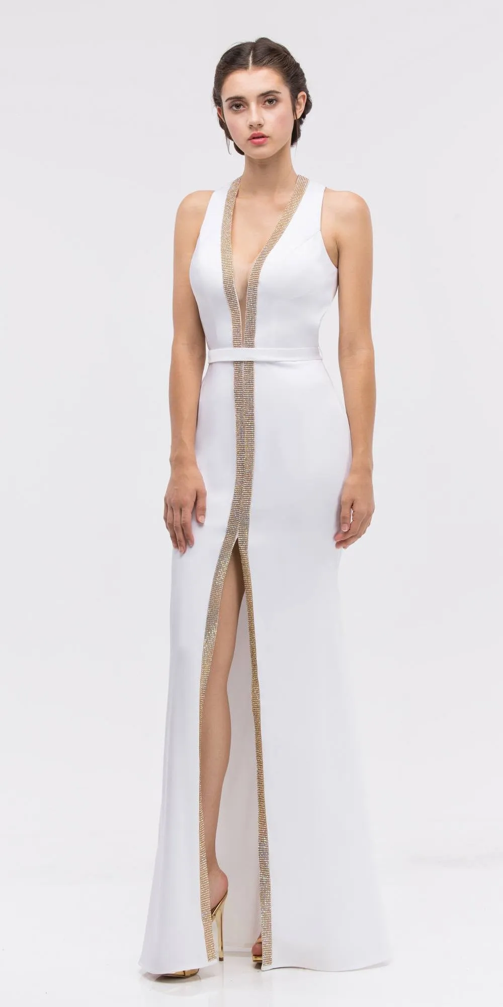 Eureka 6030 Plunging Neck Sleeveless Fit and Flare Evening Gown