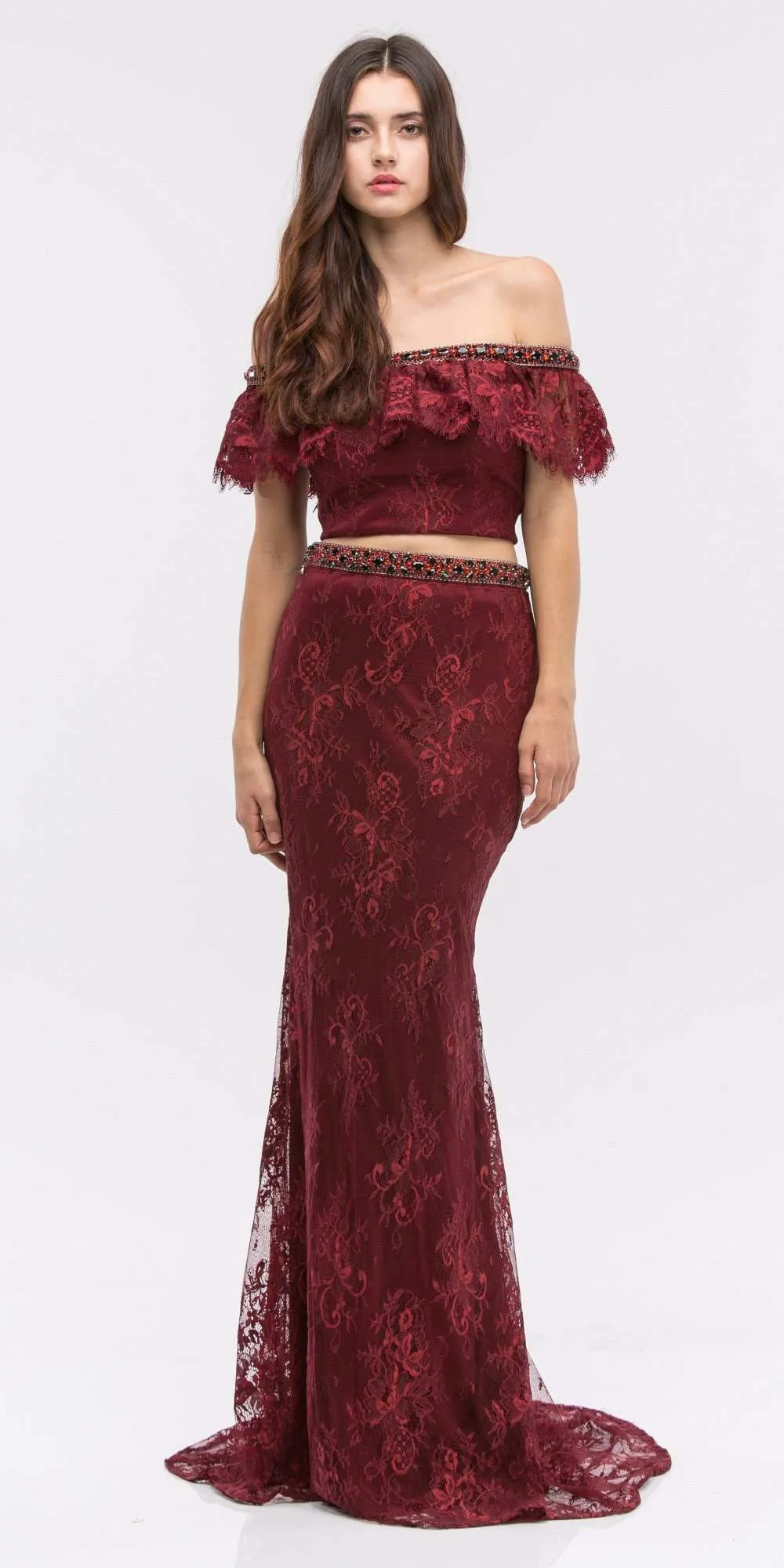 Eureka 6113 Off-Shoulder Two-Piece Beaded Lace Long Dress