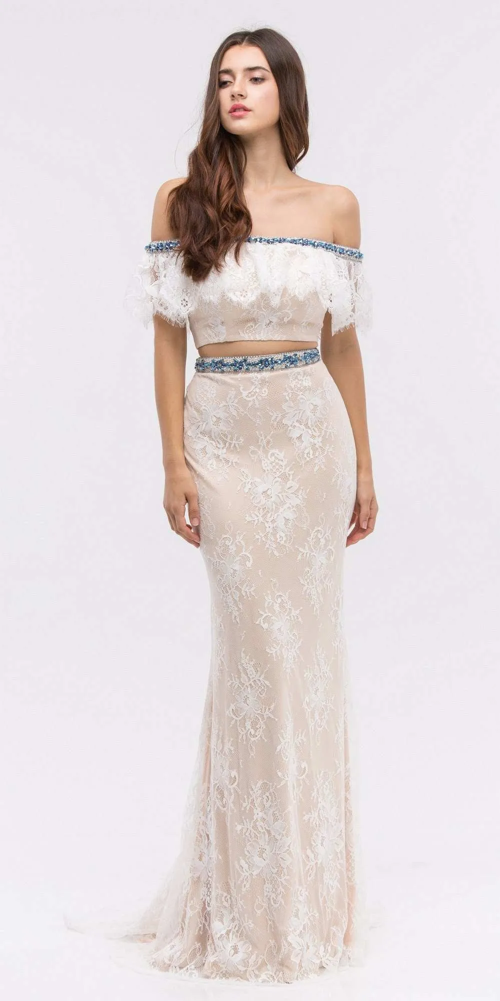 Eureka 6113 Off-Shoulder Two-Piece Beaded Lace Long Dress