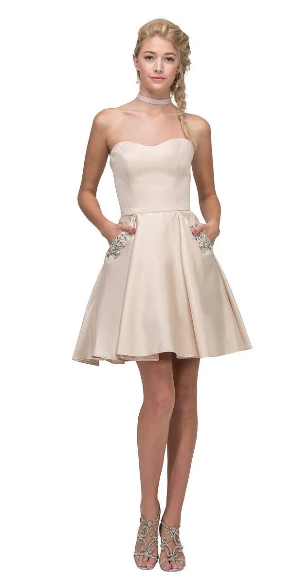 Eureka 6622 Strapless Short A-Line Dress with Pockets