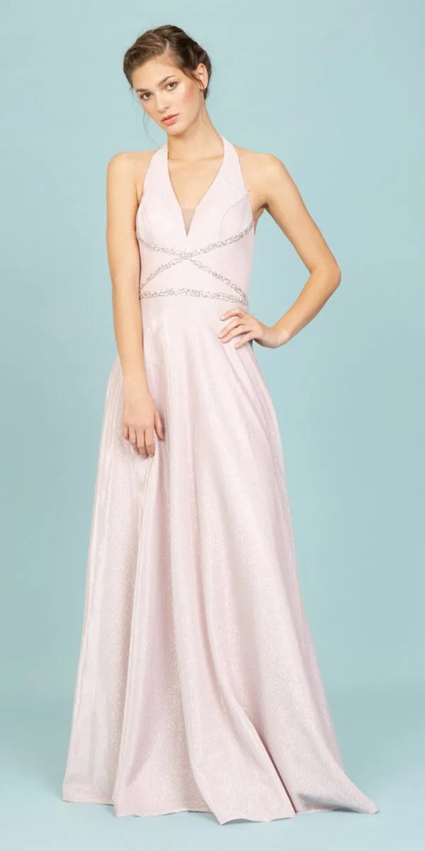 Eureka 8700 Halter Shimmering Long Dress V-Neck