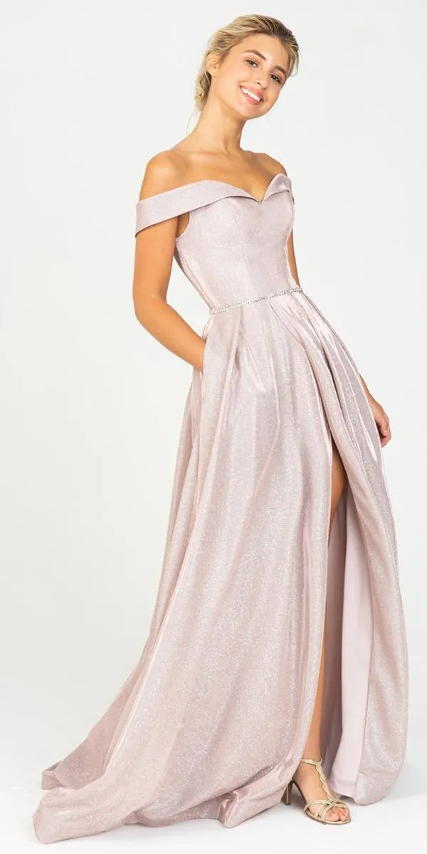Eureka 9808 Off-Shoulder Long Dress with Side Slit and Pockets