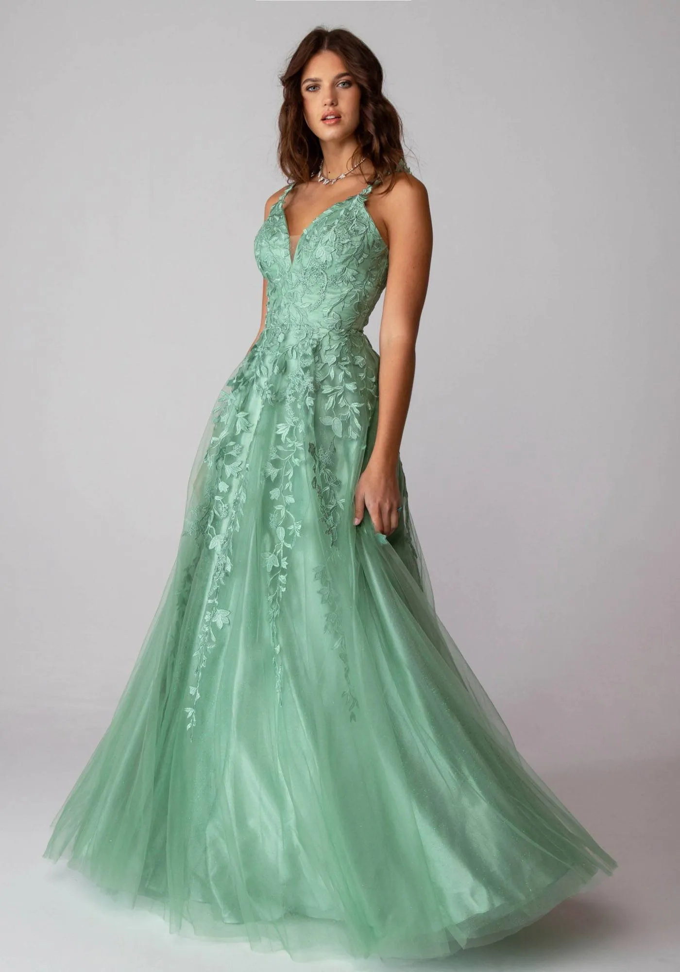 Eureka 9858 Floor Length A-Line Glitter Mesh Gown