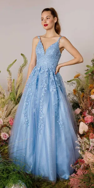 Eureka 9858 Floor Length A-Line Glitter Mesh Gown