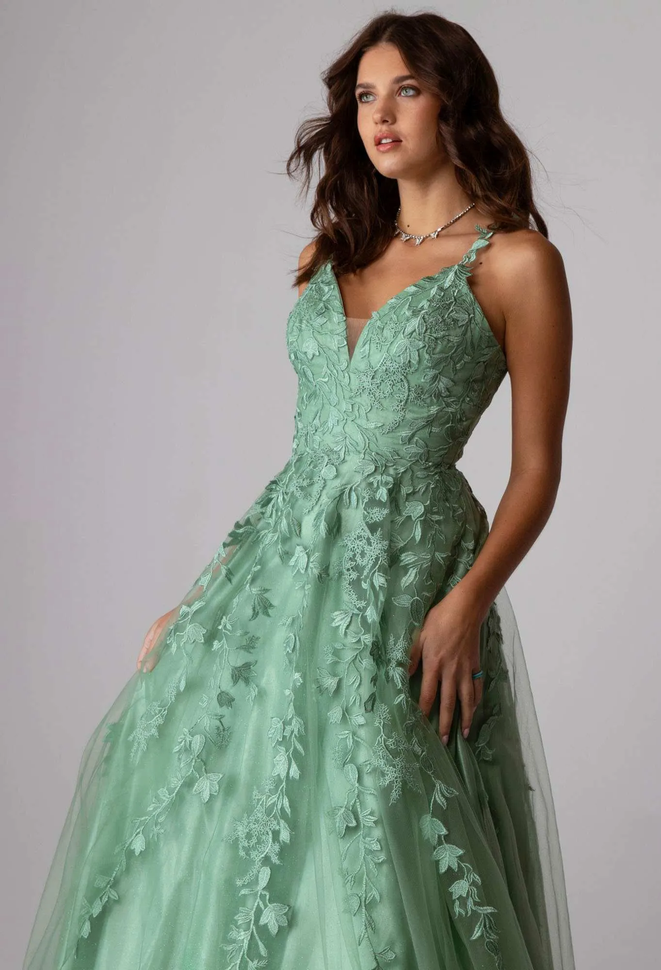 Eureka 9858 Floor Length A-Line Glitter Mesh Gown