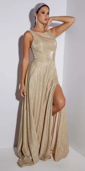 Eureka Fashion 8900 Floor Length Boat Neckline Sleeveless Glitter Dress