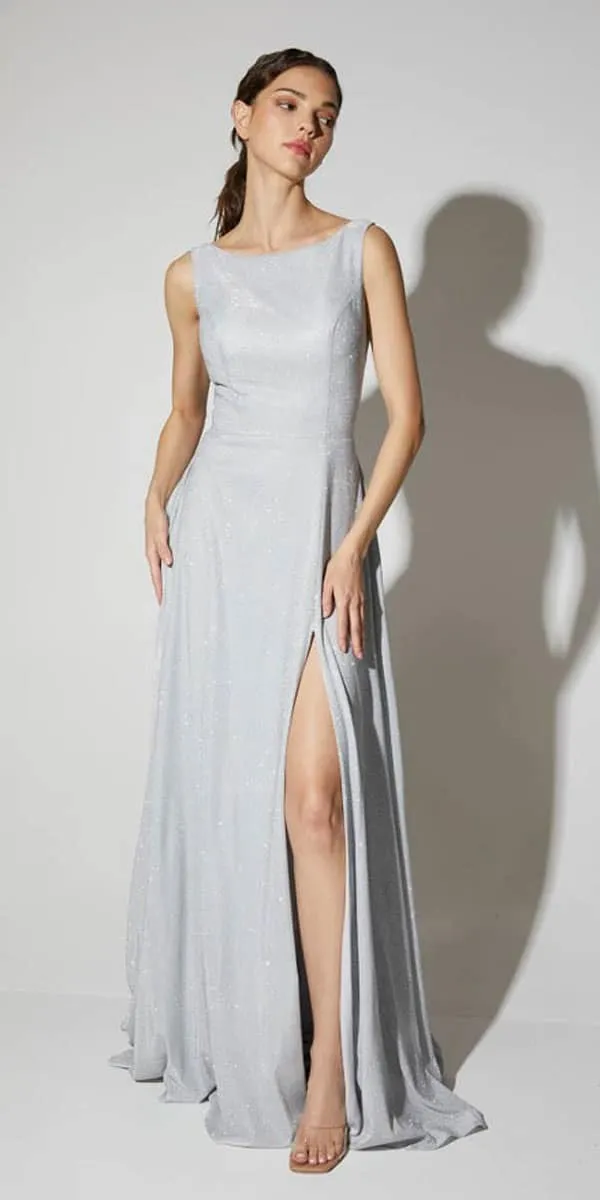 Eureka Fashion 8900 Floor Length Boat Neckline Sleeveless Glitter Dress