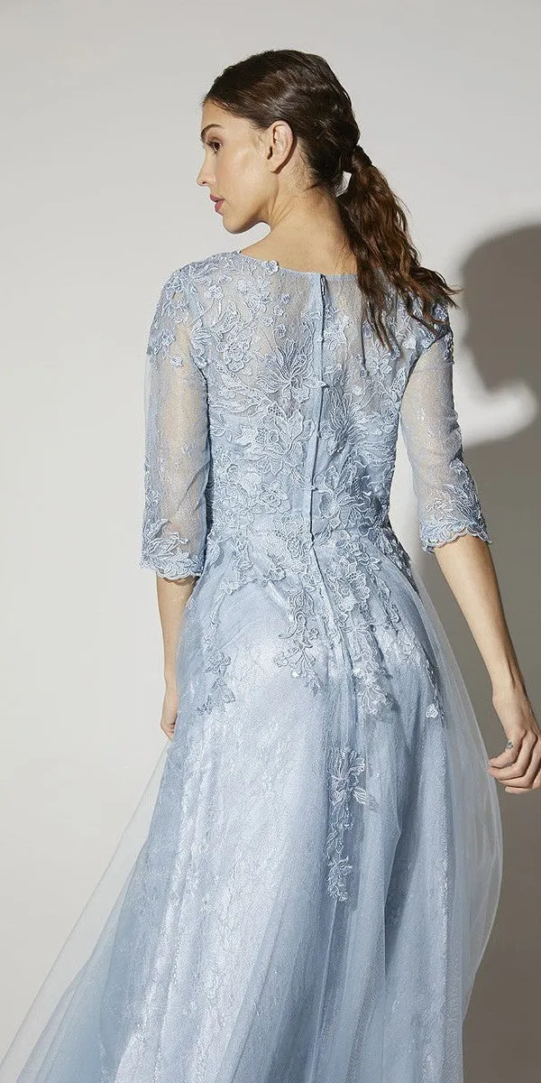 Eureka Fashion 9660 Floor Length A-Line Mesh/Lace Three Quarter Sleeve Gown