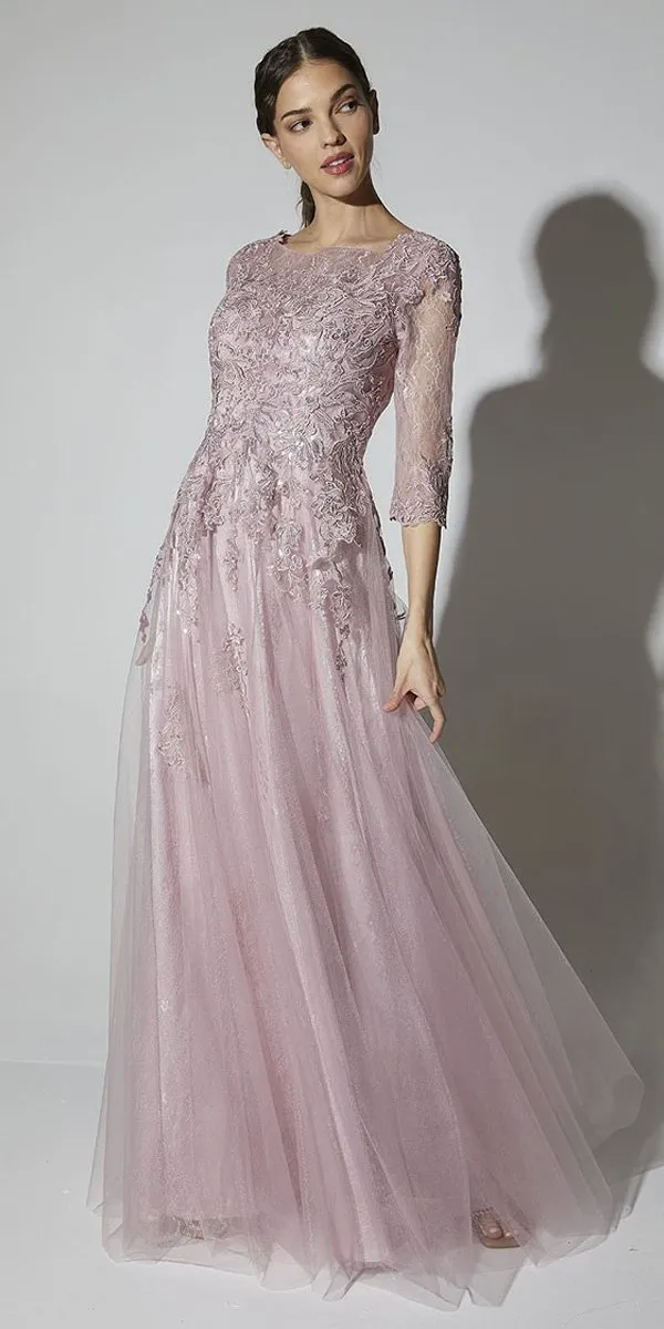 Eureka Fashion 9660 Floor Length A-Line Mesh/Lace Three Quarter Sleeve Gown