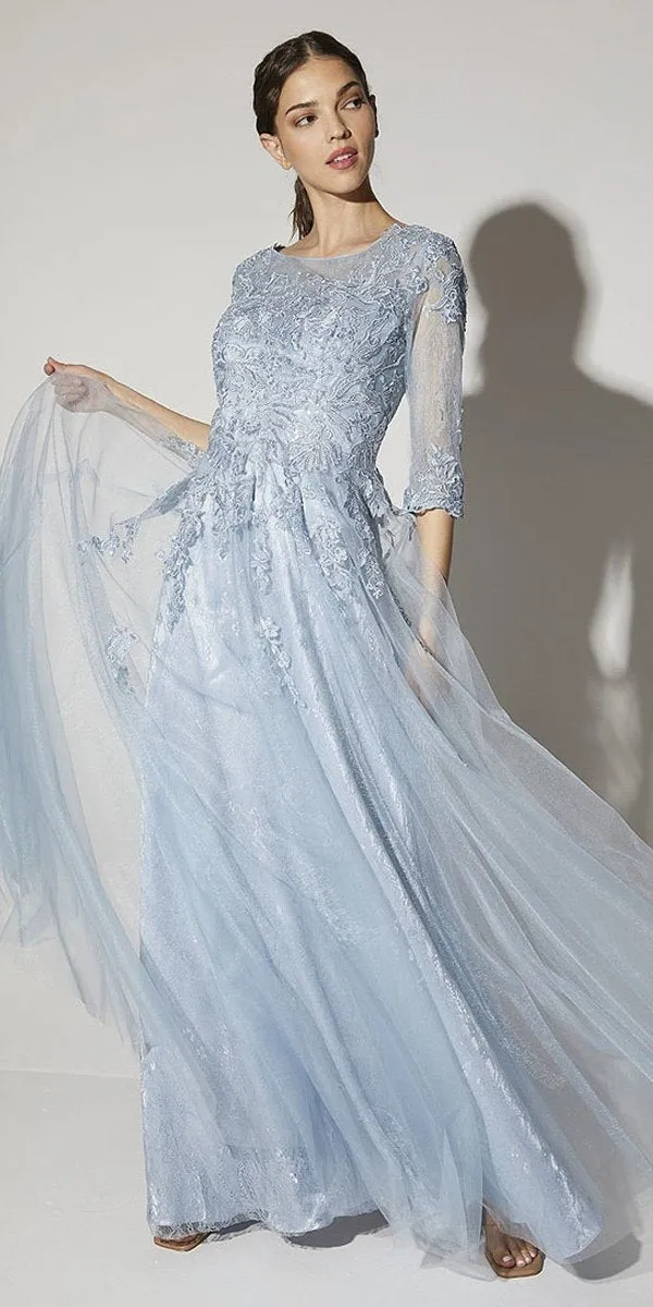 Eureka Fashion 9660 Floor Length A-Line Mesh/Lace Three Quarter Sleeve Gown
