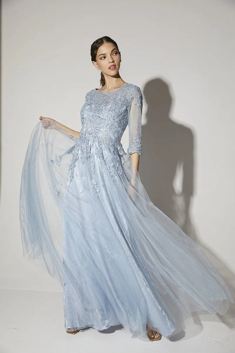 Eureka Fashion 9660 Floor Length A-Line Mesh/Lace Three Quarter Sleeve Gown