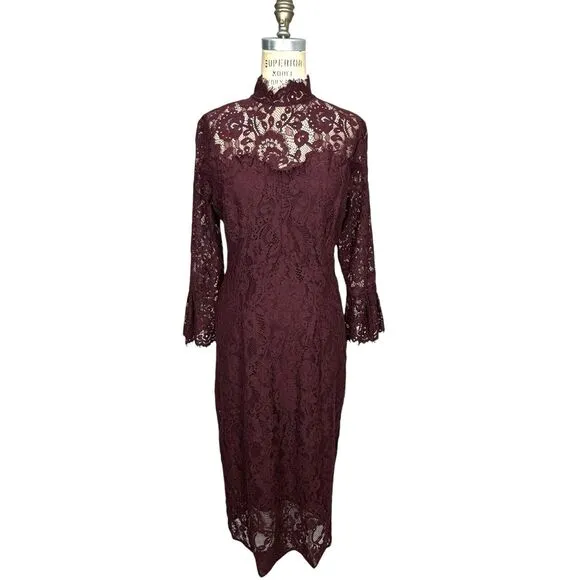Eva Mendes Womens Lace Midi Dress 12 Tall Burgundy 3/4 Sleeve Formal Wedding