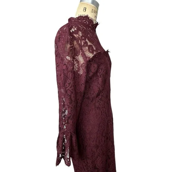 Eva Mendes Womens Lace Midi Dress 12 Tall Burgundy 3/4 Sleeve Formal Wedding