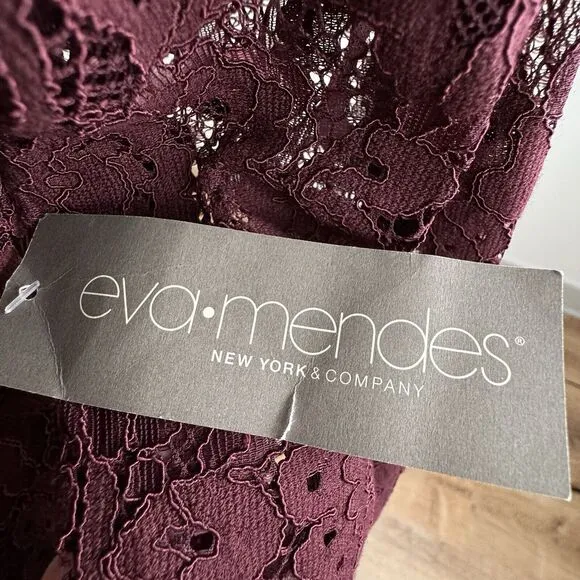 Eva Mendes Womens Lace Midi Dress 12 Tall Burgundy 3/4 Sleeve Formal Wedding