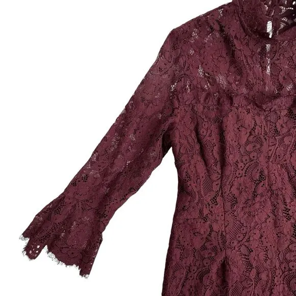 Eva Mendes Womens Lace Midi Dress 12 Tall Burgundy 3/4 Sleeve Formal Wedding