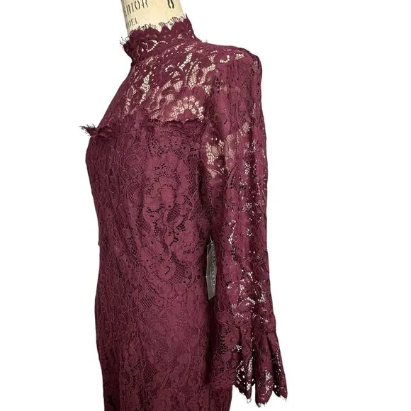 Eva Mendes Womens Lace Midi Dress 12 Tall Burgundy 3/4 Sleeve Formal Wedding