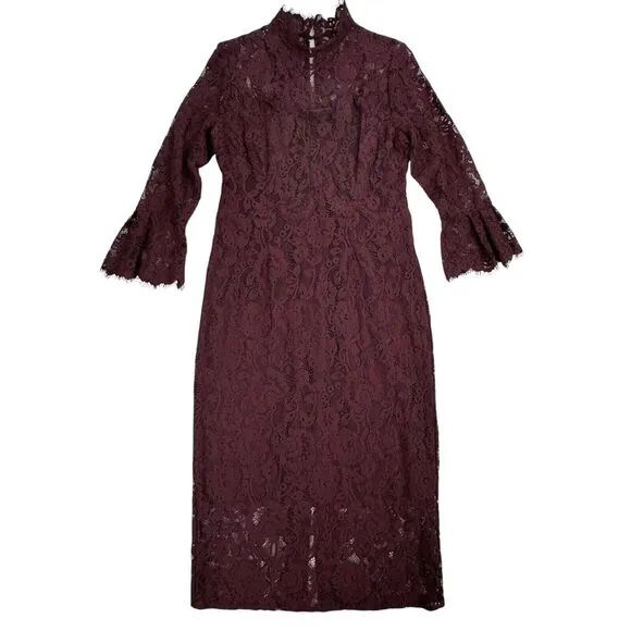 Eva Mendes Womens Lace Midi Dress 12 Tall Burgundy 3/4 Sleeve Formal Wedding