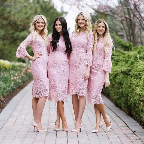 Fashion Pink Sheath Jewel Lace Knee Length Long Sleeve Bridesmaid Dresses, MB189
