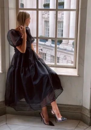 Free People Black Puff sleeve bow back Hailey Dress  UK 6