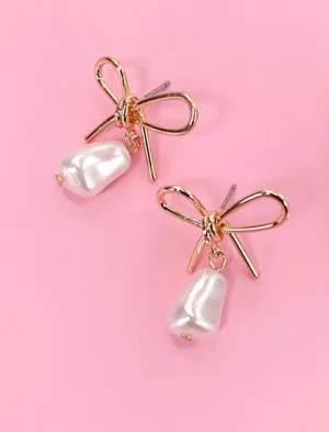Gold Bow Pearl Drop Earrings