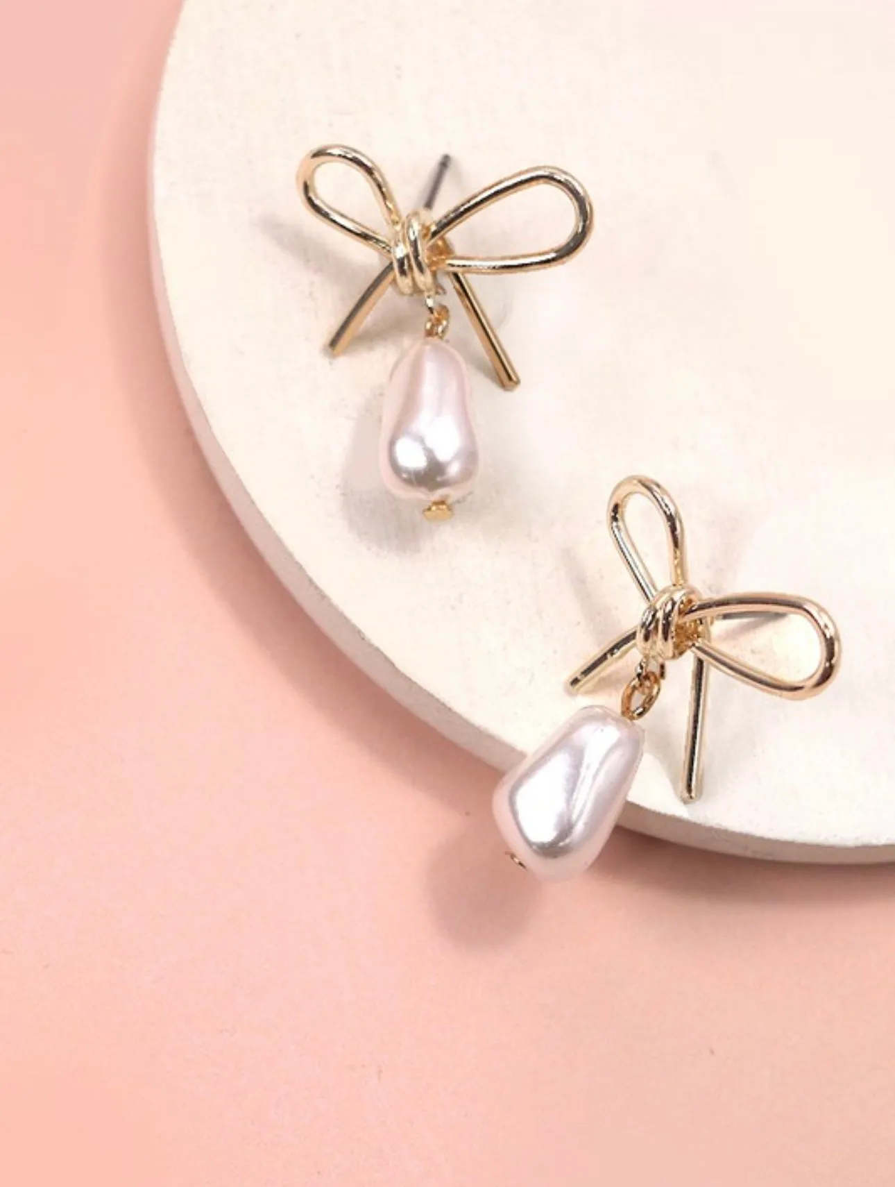 Gold Bow Pearl Drop Earrings
